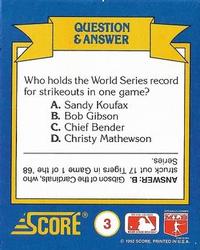 1991 Score Rookie & Traded - Magic Motion: World Series Trivia II #3 Q & A Card 3 Back
