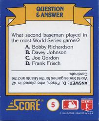 1991 Score Rookie & Traded - Magic Motion: World Series Trivia II #5 Q & A Card 5 Back