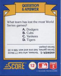 1991 Score Rookie & Traded - Magic Motion: World Series Trivia II #12 Q & A Card 12 Back