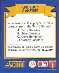 1991 Score Rookie & Traded - Magic Motion: World Series Trivia II #33 Q & A Card 33 Back