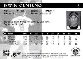2001 Multi-Ad Charleston RiverDogs #8 Irwin Centeno Back