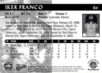 2001 Multi-Ad Charleston RiverDogs #11 Iker Franco Back