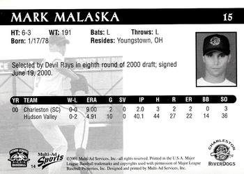 2001 Multi-Ad Charleston RiverDogs #14 Mark Malaska Back