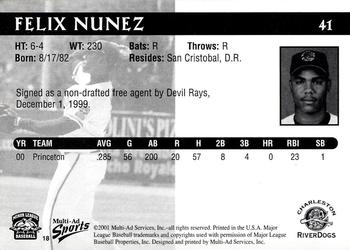 2001 Multi-Ad Charleston RiverDogs #18 Felix Nunez Back