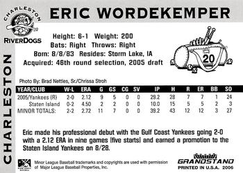 2006 Grandstand Charleston RiverDogs #NNO Eric Wordekemper Back