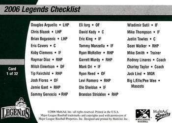 2006 MultiAd Lexington Legends #1 Team Photo / Checklist Back