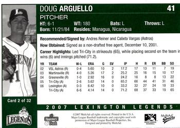 2007 MultiAd Lexington Legends #2 Douglas Arguello Back