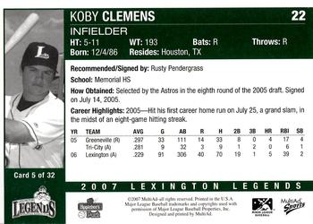 2007 MultiAd Lexington Legends #5 Koby Clemens Back