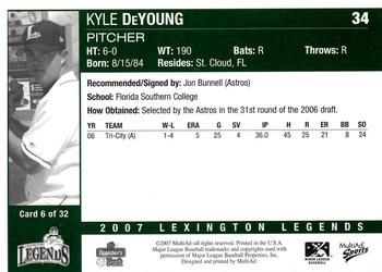 2007 MultiAd Lexington Legends #6 Kyle DeYoung Back