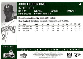 2007 MultiAd Lexington Legends #7 Jhon Florentino Back