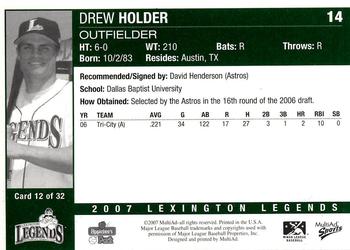 2007 MultiAd Lexington Legends #12 Drew Holder Back