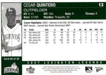 2007 MultiAd Lexington Legends #20 Cesar Quintero Back