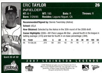 2007 MultiAd Lexington Legends #23 Eric Taylor Back