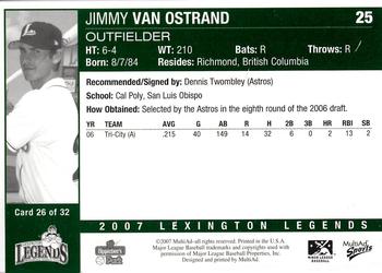 2007 MultiAd Lexington Legends #26 Jimmy Van Ostrand Back