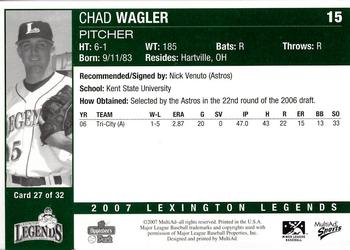 2007 MultiAd Lexington Legends #27 Chad Wagler Back