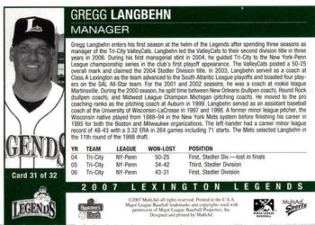 2007 MultiAd Lexington Legends #31 Gregg Langbehn Back