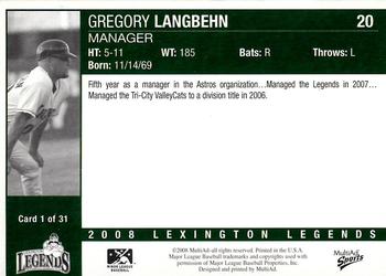 2008 MultiAd Lexington Legends #1 Gregory Langbehn Back