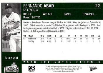 2008 MultiAd Lexington Legends #2 Fernando Abad Back