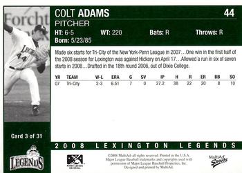 2008 MultiAd Lexington Legends #3 Colt Adams Back