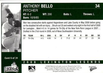 2008 MultiAd Lexington Legends #5 Anthony Bello Back