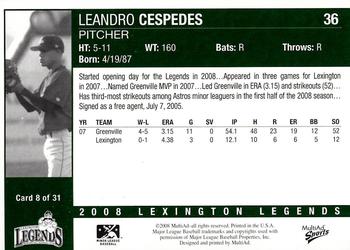 2008 MultiAd Lexington Legends #8 Leandro Cespedes Back