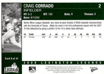 2008 MultiAd Lexington Legends #9 Craig Corrado Back