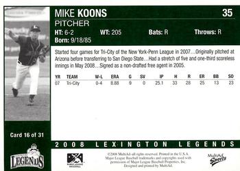 2008 MultiAd Lexington Legends #16 Mike Koons Back