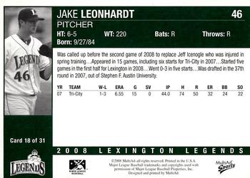 2008 MultiAd Lexington Legends #18 Jake Leonhardt Back