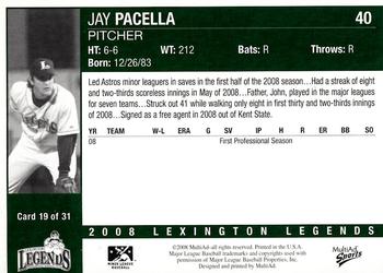2008 MultiAd Lexington Legends #19 Jay Pacella Back