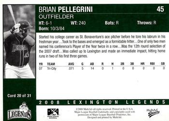 2008 MultiAd Lexington Legends #20 Brian Pellegrini Back