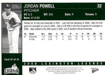 2008 MultiAd Lexington Legends #21 Jordan Powell Back