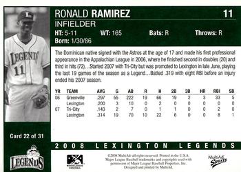 2008 MultiAd Lexington Legends #22 Ronald Ramirez Back