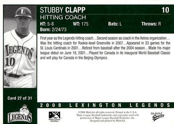 2008 MultiAd Lexington Legends #27 Stubby Clapp Back