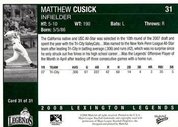 2008 MultiAd Lexington Legends #31 Matthew Cusick Back
