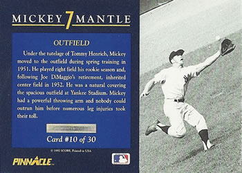 1992 Pinnacle Mickey Mantle #10 Outfield Back