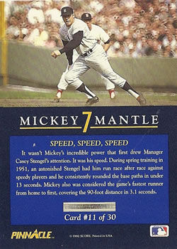 1992 Pinnacle Mickey Mantle #11 Speed, Speed, Speed Back