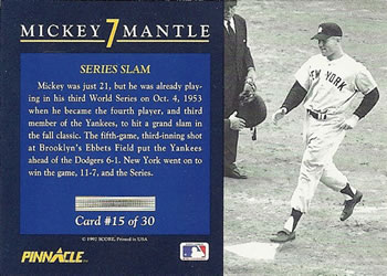 1992 Pinnacle Mickey Mantle #15 Series Slam Back