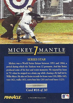 1992 Pinnacle Mickey Mantle #16 Series Star Back