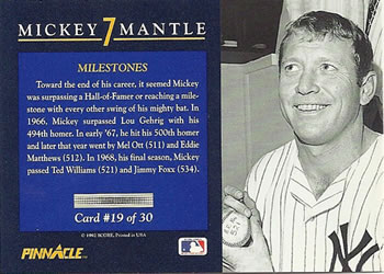 1992 Pinnacle Mickey Mantle #19 Milestones Back