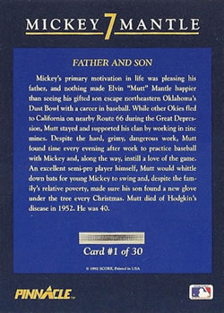 1992 Pinnacle Mickey Mantle #1 Father and Son Back