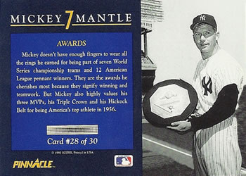 1992 Pinnacle Mickey Mantle #28 Awards Back