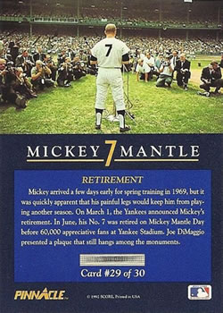 1992 Pinnacle Mickey Mantle #29 Retirement Back