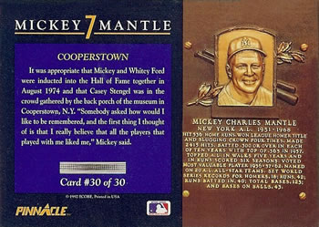 1992 Pinnacle Mickey Mantle #30 Cooperstown Back