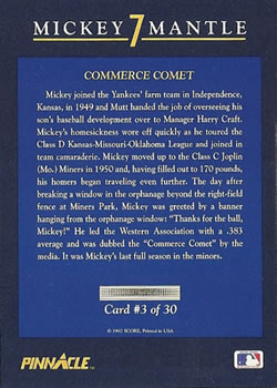 1992 Pinnacle Mickey Mantle #3 Commerce Comet Back