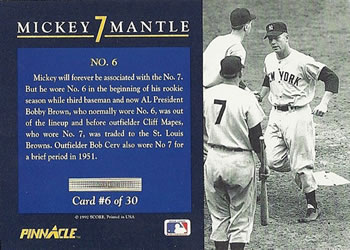1992 Pinnacle Mickey Mantle #6 No. 6 Back
