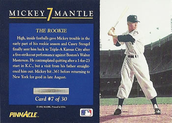 1992 Pinnacle Mickey Mantle #7 The Rookie Back