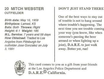 1992 Los Angeles Dodgers Police #NNO Mitch Webster Back