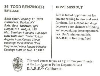 1992 Los Angeles Dodgers Police #NNO Todd Benzinger Back