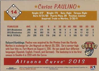 2013 Grandstand Altoona Curve #NNO Carlos Paulino Back