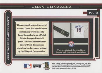 2003 Playoff Piece of the Game #POG-51 Juan Gonzalez Back